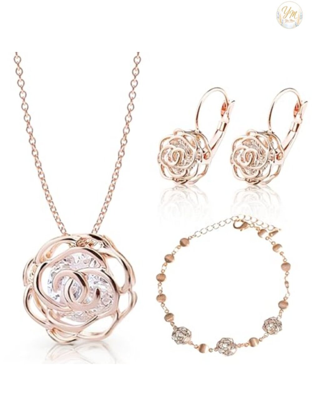 18K Gold Plated Crystal Rose Gold Women's Jewelry Set Necklace Earrings Bracelet
